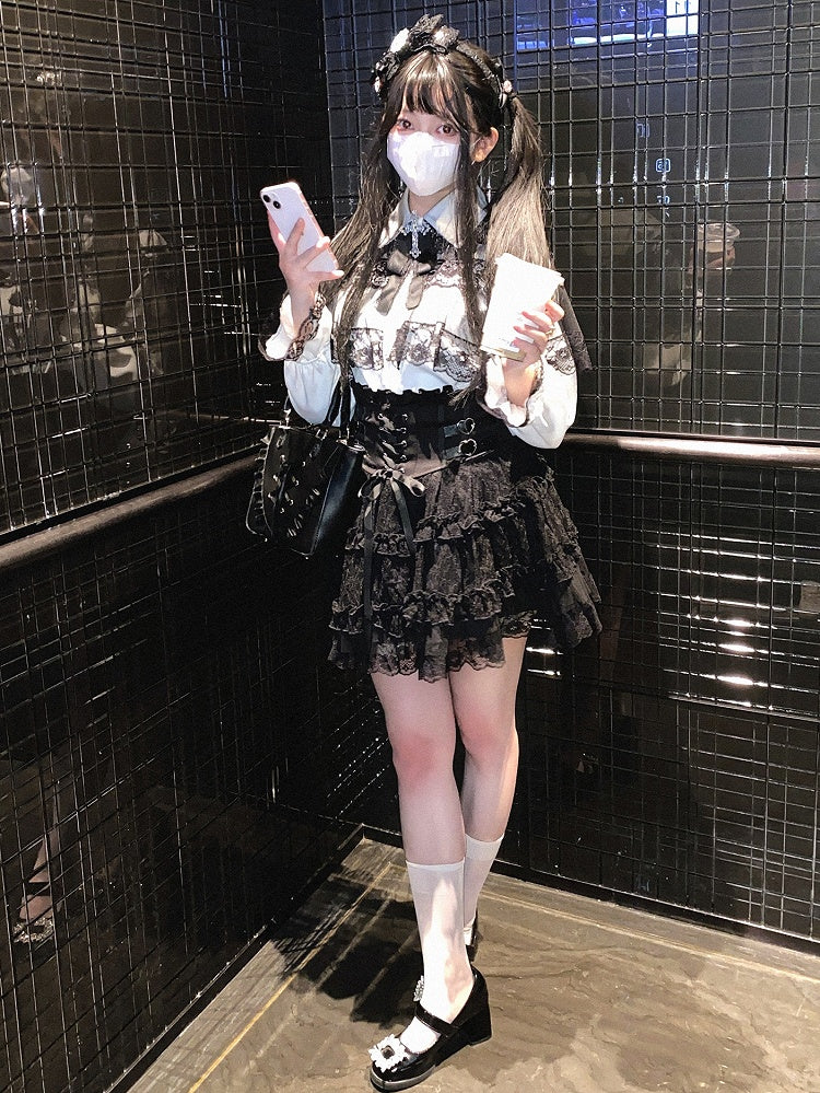 Jirai Kei Blue Heart Buckles Lace-up Detail Landmine Style High Waist Lace Tiered Skirt