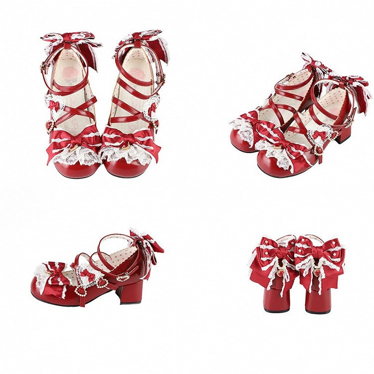 Sweet Straps Crisscross Buckle Red 2CM/5CM Block Lolita Details Design Shoes Heart Heels Bowknot