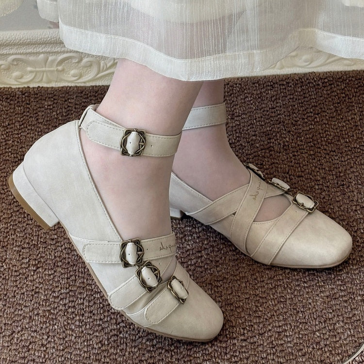 Shoes - Toe Crisscross Elegant Classic Design Square PU Beige Lolita