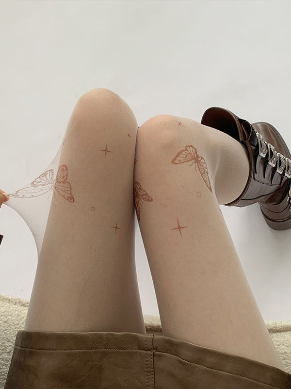 Print Tattoo Semi-Sheer Butterfly White/Nude Tights