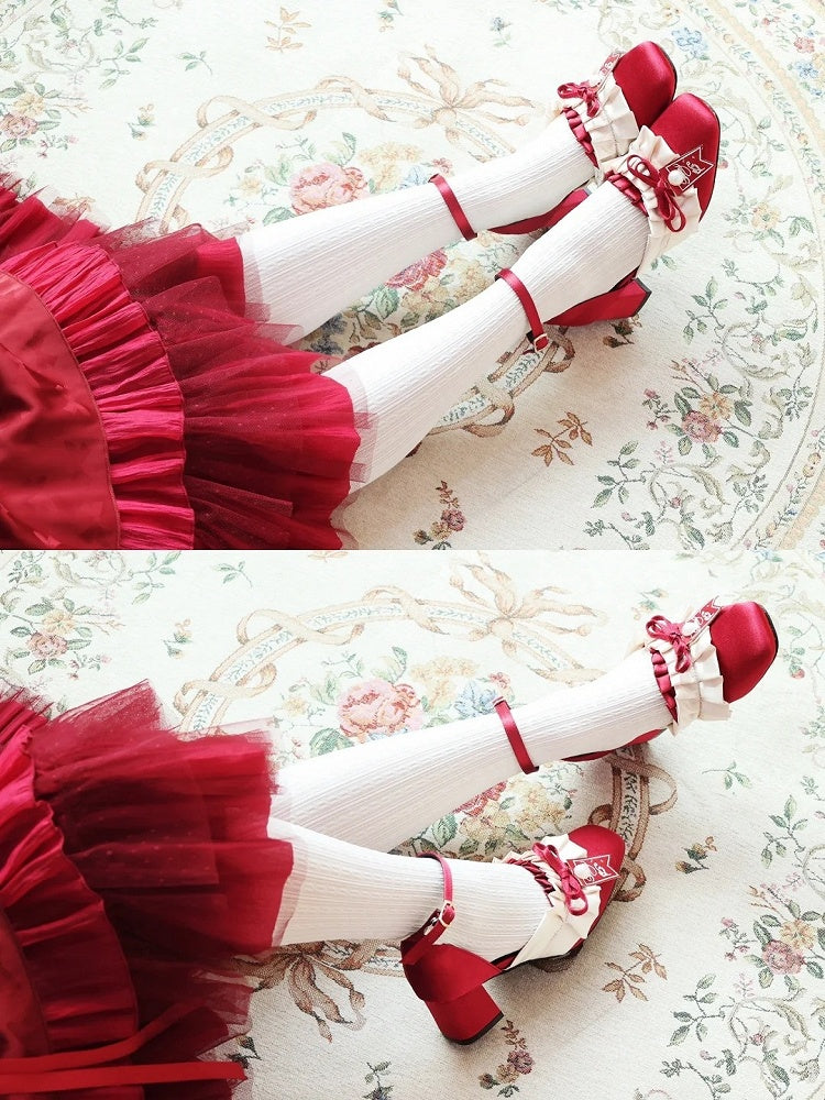 Mid-heel Classic with Bow Ruffles Red - Square Accents Lolita Shoes Layered Toe Removable Design