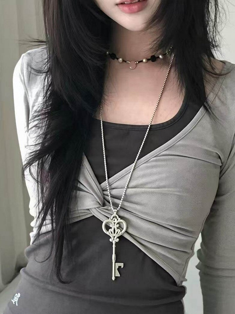 Silver Y2K Chain Necklace with Key Pendant - WhaleHall