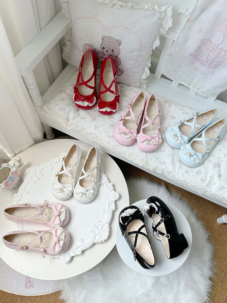 Sweet Crisscross with Lolita PU Heels Accents Black Bow Low 2.5cm Straps