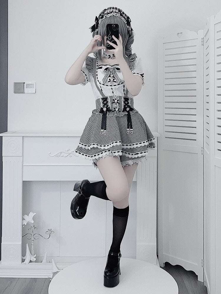 Black White Gingham Jirai Kei Overall Skort with Bow Lace Details - Broken Bear