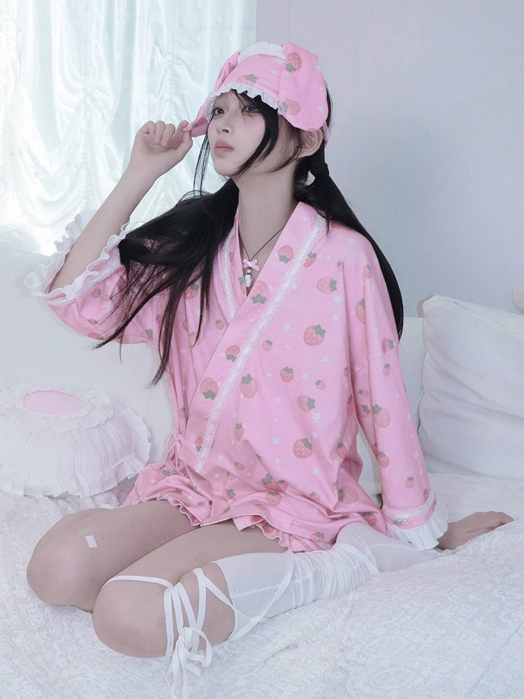 Eye with Ear Strawberry Bunny Print Pink White Ruffle Mask Trim