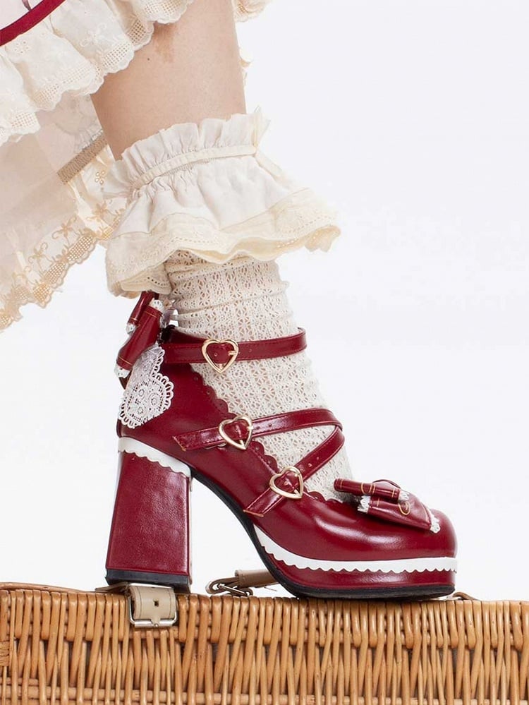 bei Crisscross Design Red Block High Abnehmbare Heels Herz Top Schleife Schnallen