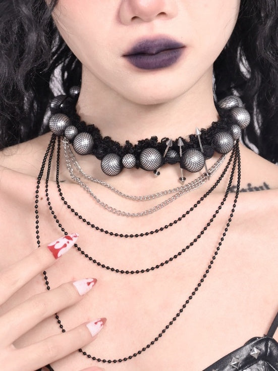 ブラックダークゴシックスタッドビーズペンダントチョーカー