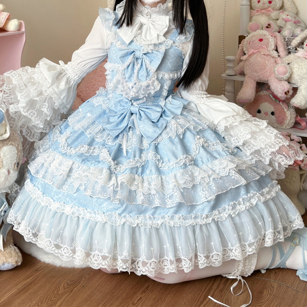 White Decorated Lace Bows Hanayome Jumper Blue Lolita Skirt Dress Trims