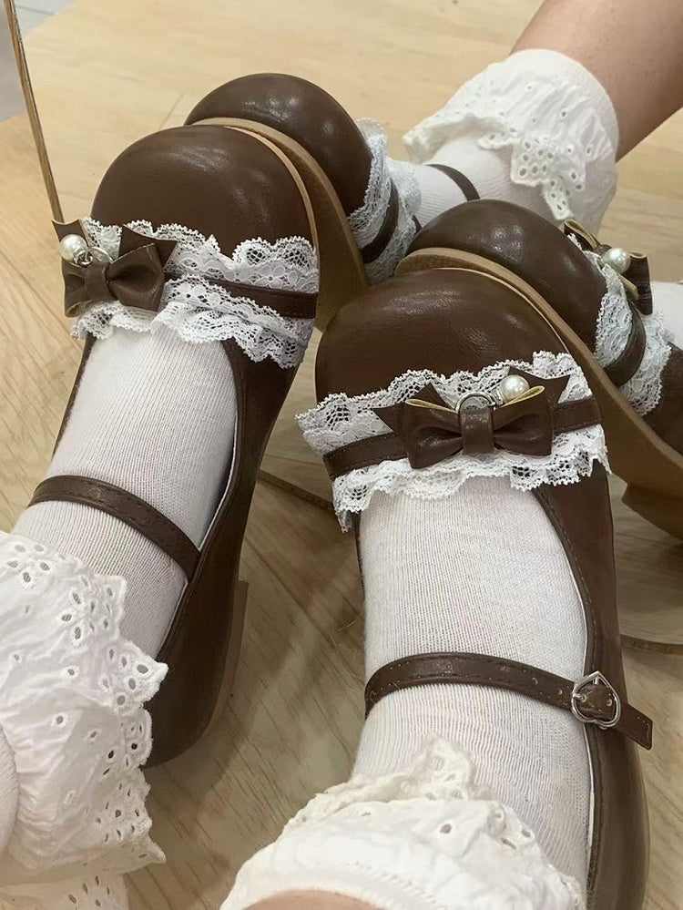 Mary with Round Buckle Heel Bow - Sweet Lace Lolita Toe Charm 1cm/3.5cm Brown Trim Bead Heart Janes PU