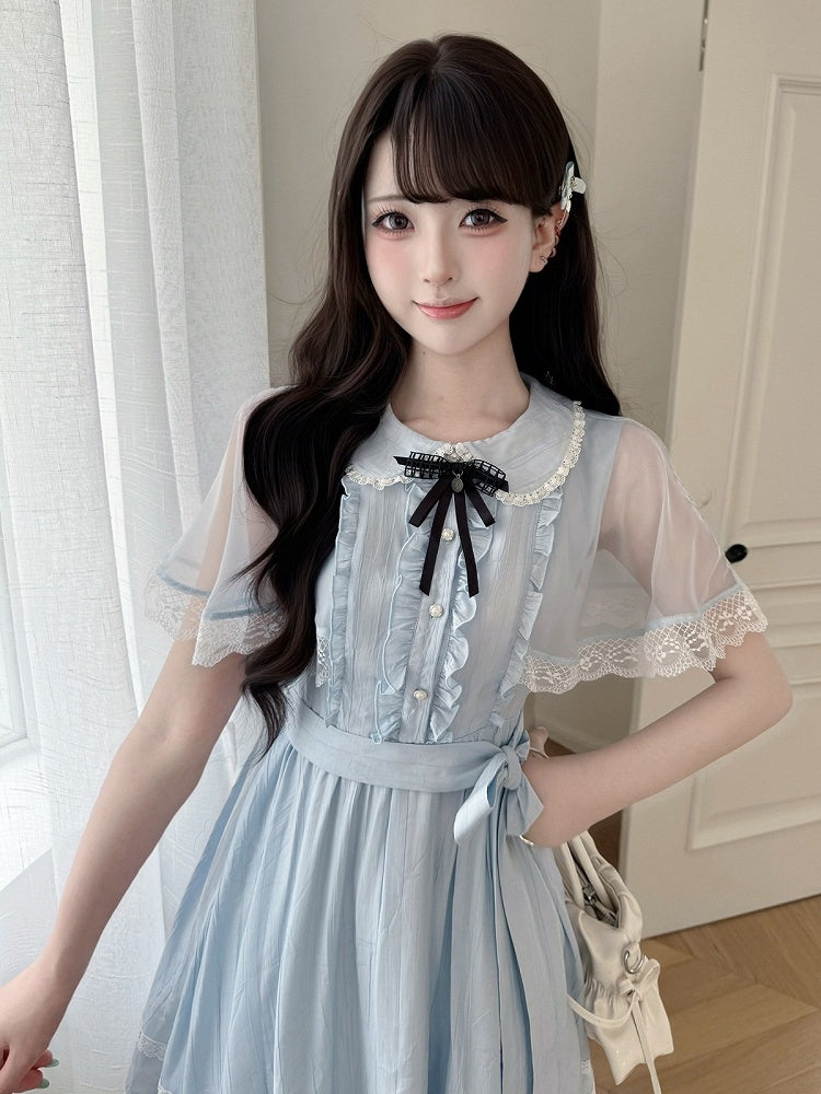 Blue Tulle Cape Peter Pan Collar Dress with Bow Tie Seiso Style - LA LA JK