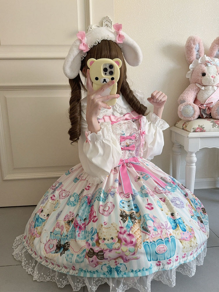 アイスクリームプリントの白いスカートとテディベアのスイートロリータジャンパー
