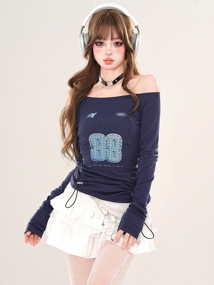 Königsblaues, schulterfreies Top mit Zahlendruck und verstellbarem Kordelzug in der Taille