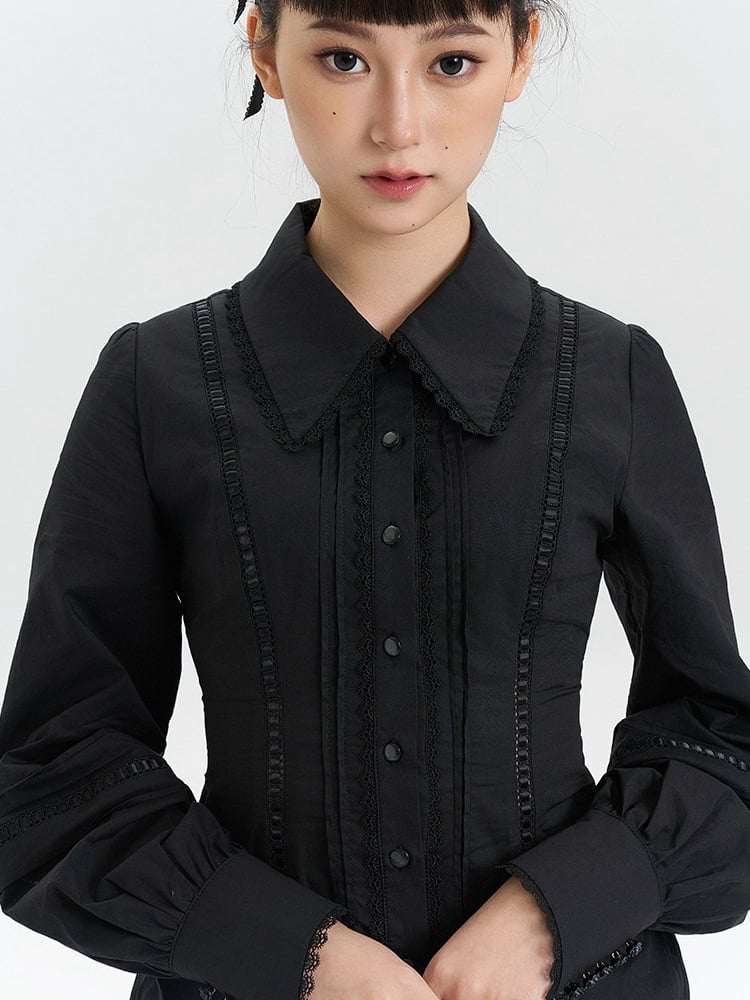 Long Foldover Sleeves Blouse Collar Pointed Black Lolita