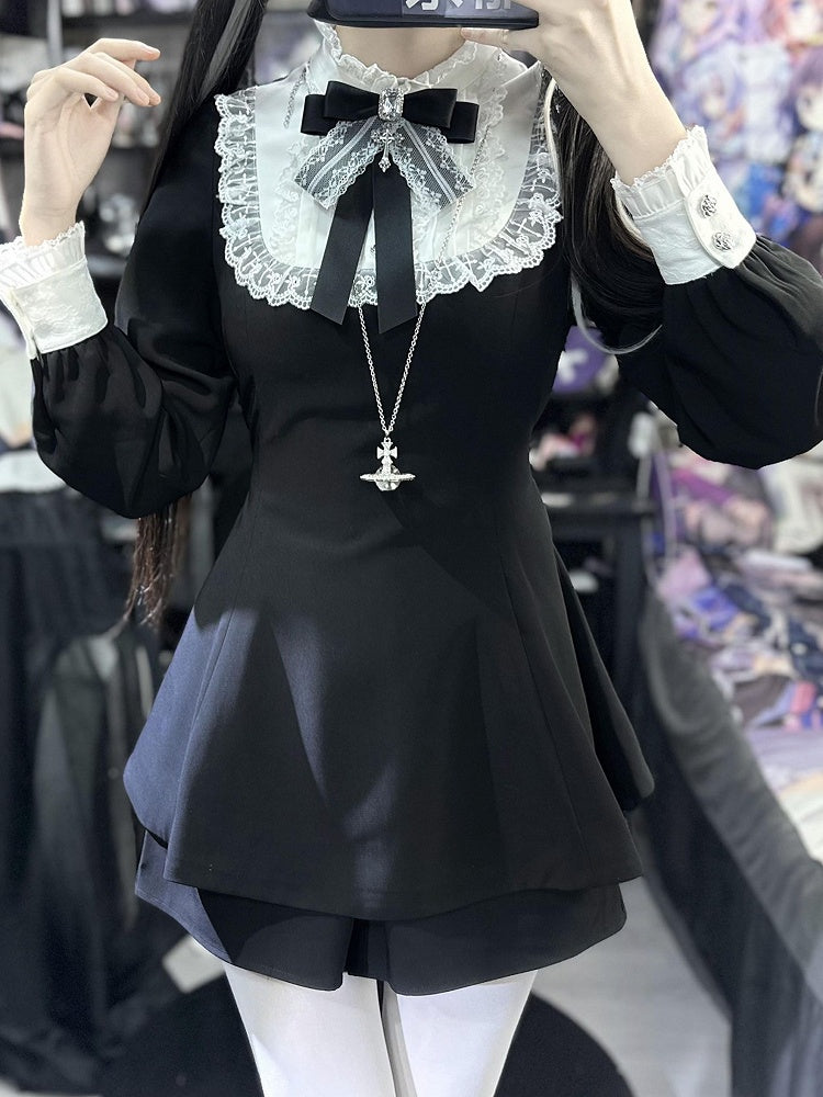 Set: Shorts Pointed Long Bow Black Gothic Tie Full White Landmine Faux Sleeve Detachable Collar Cape + Top Style