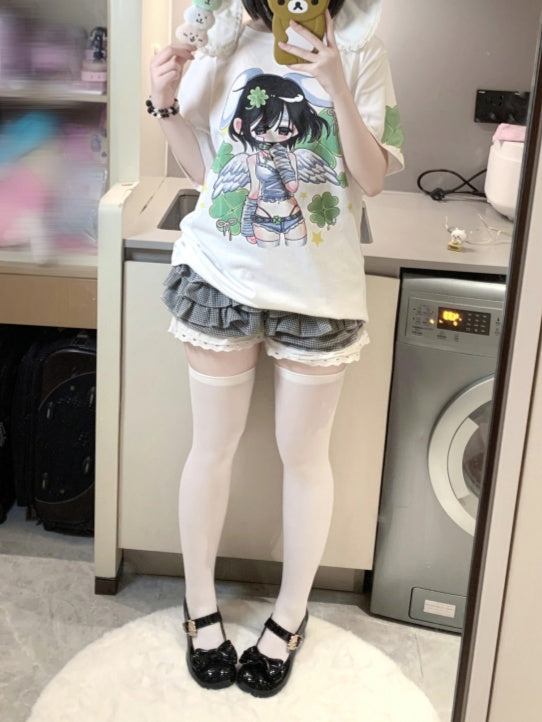 White Round Neck Four-Leaf Clover Angel Print Cotton T-Shirt