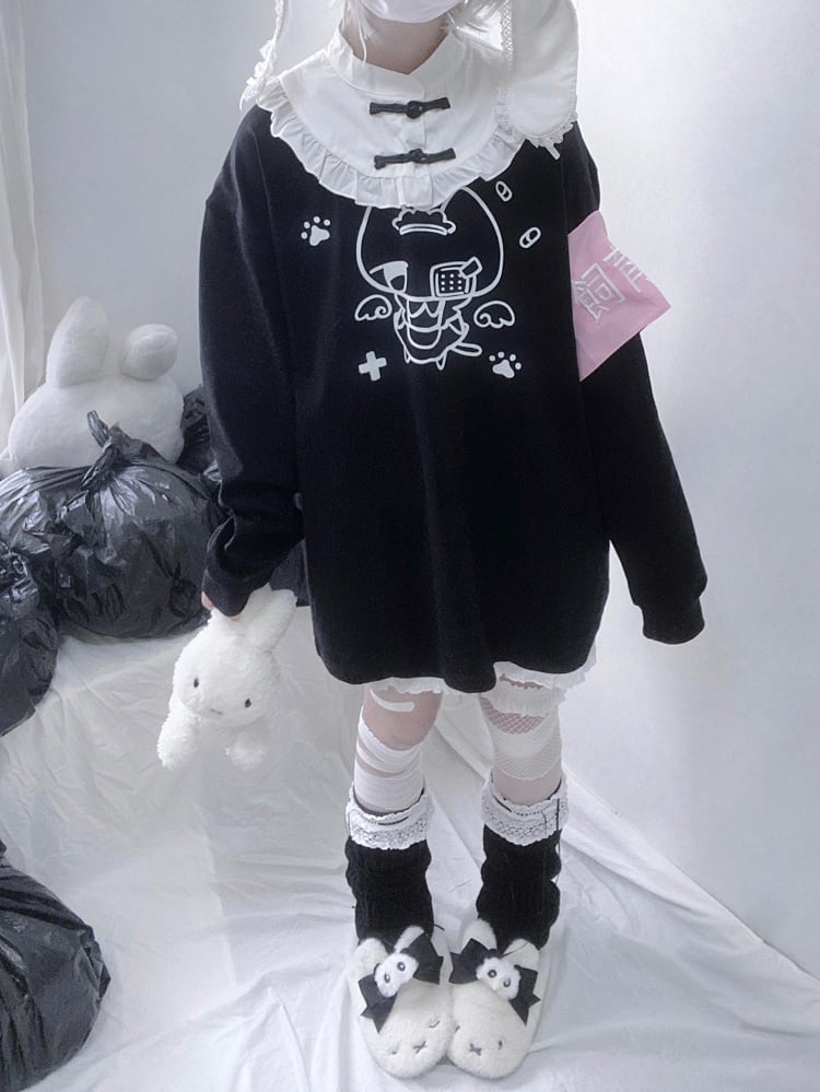 with Collar Kitten Sweatshirt and Print Frog Button Style Detachable Angelic Cheongsam Blue/Black Landmine