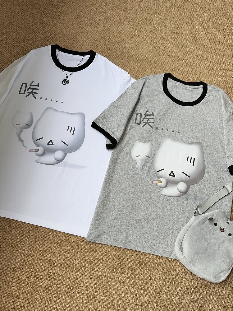 T-shirt Kitty with Cotton Sighing White Neck Print Crew