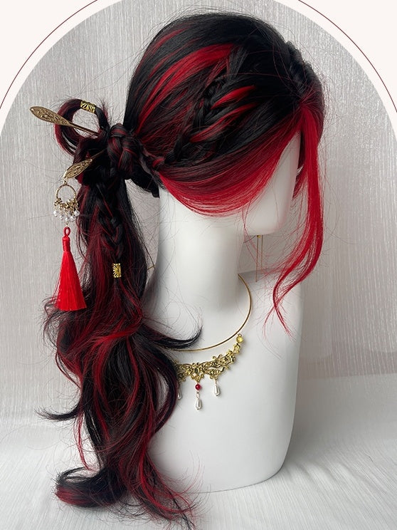 Black and Red Highlights Long Wavy Synthetic Wig With Curtain Bangs