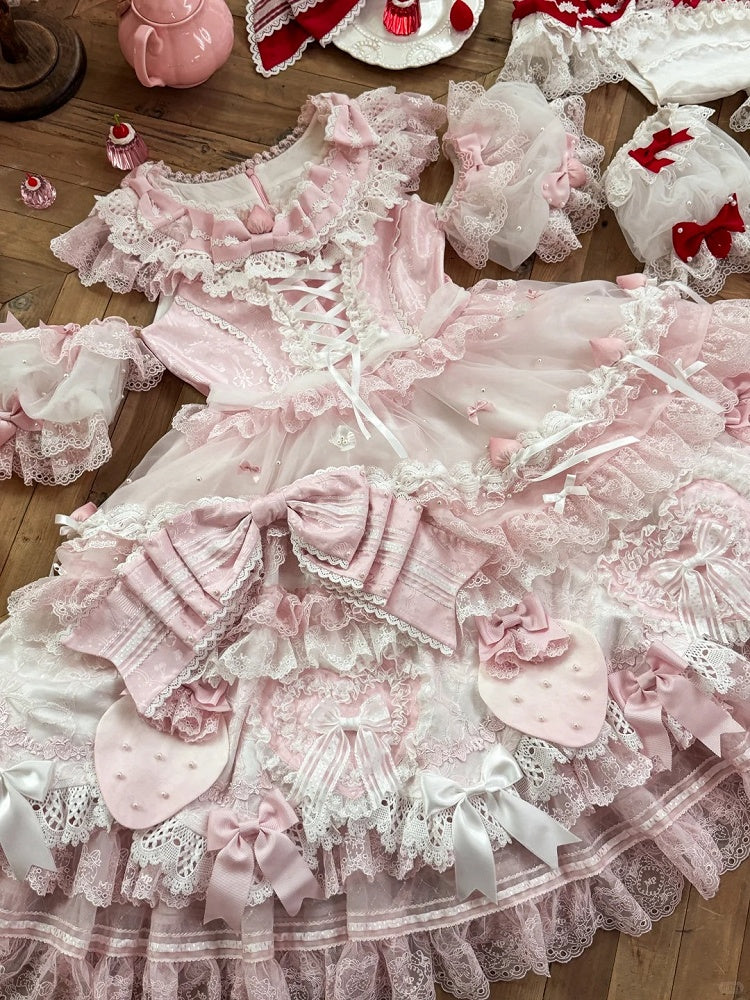 Layered with Lolita Bow Accents Sweet Dress and Ruffles Pink Lace