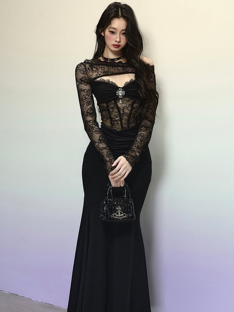 Black Asymmetrical Neckline Semi-sheer Lace Bodice Mermaid Skirt Patchwork Dress Evening Gown