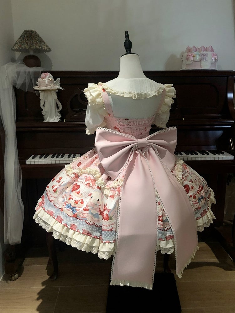 Bunny Kleid/Süße JSK Nette Print Lolita und Kuchen Erdbeere Rosa Set Volle