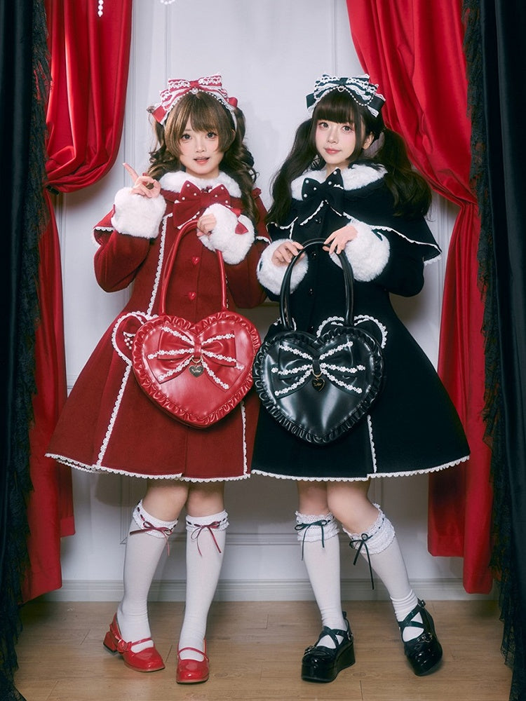 Christmas Red/Black Lolita Woolen Cape Coat with Heart Pockets & Beaded Chains and Plush Details