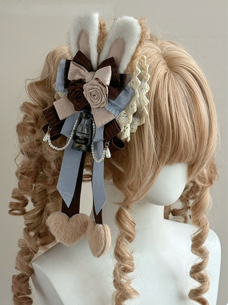 Plush Bunny Ear Floral Lolita Hair Clip with Bead and Lace Details - The Accessories' Story