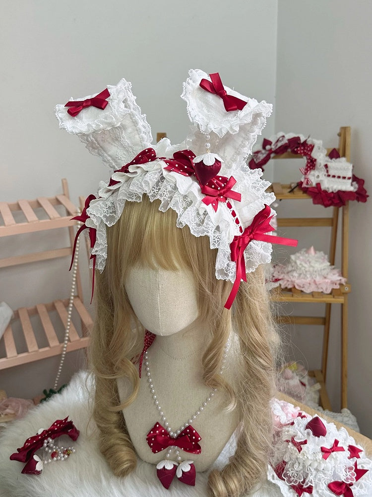 White Floral Bunny Red Ear Lace Hairband