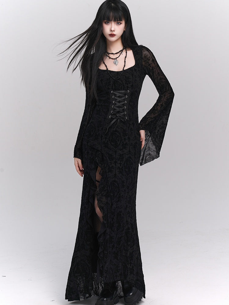 Gothic Black Bell Sleeves Side Slit Rosette Lace Dress with Lace-up Detail