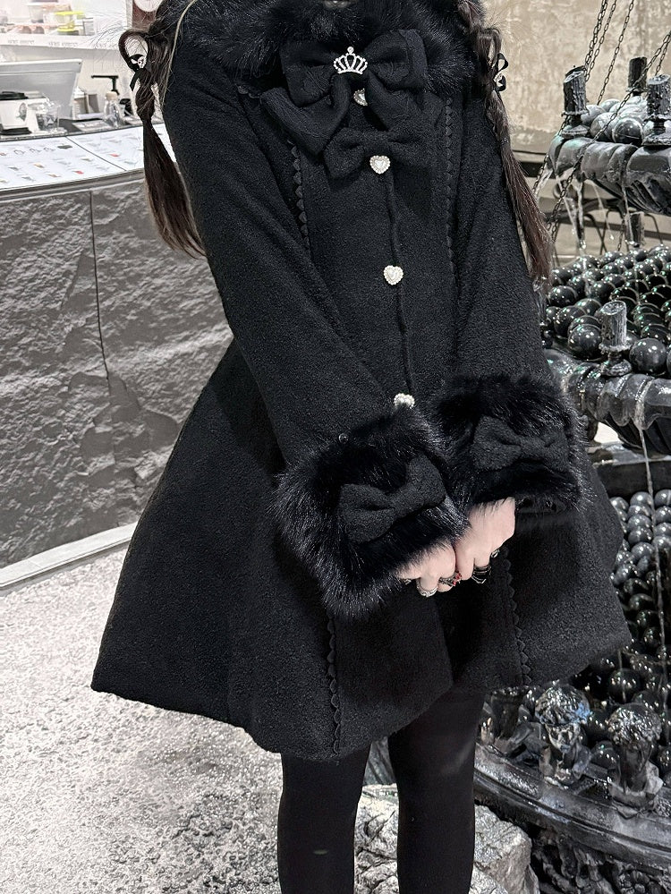 Cuffs Collar with Long Bow-Detailed Coat Kei Jirai Black Waist-Cinching Furry