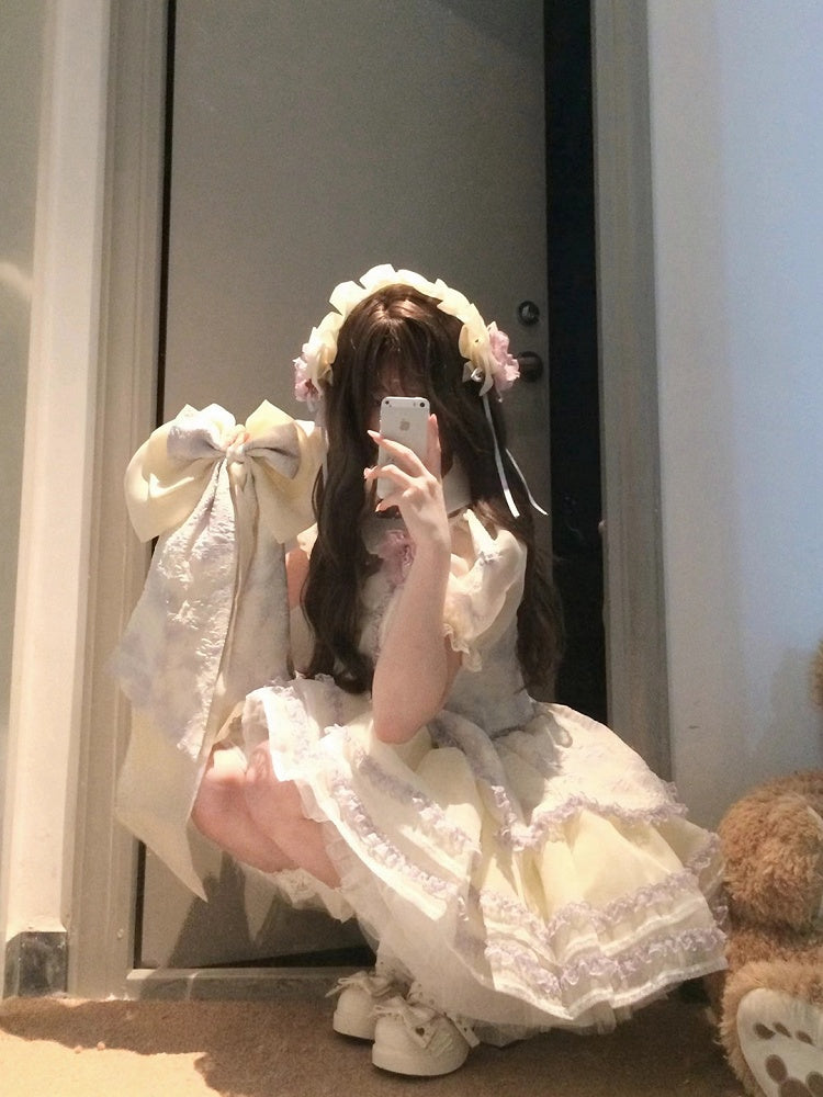 Lolita Layered Skirt Purple Floral-Print Trimmings and Princess Lace Jumper with Ruffles