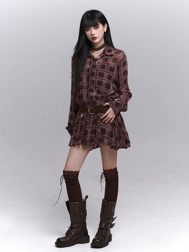 Plaid PU Coffee Gothic Belt Dress with Brown Shirt Lined Red