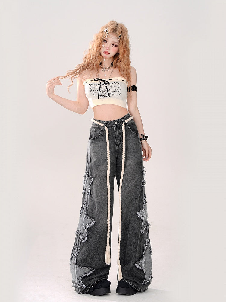 Bowknot Crop Beige Self-tie Tube Top - Gyaru Style with Bunny Letter Print