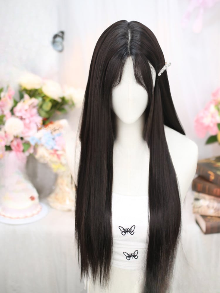 Schwarze, glatte Perücke mit 60–70 cm Länge und Vorhangpony