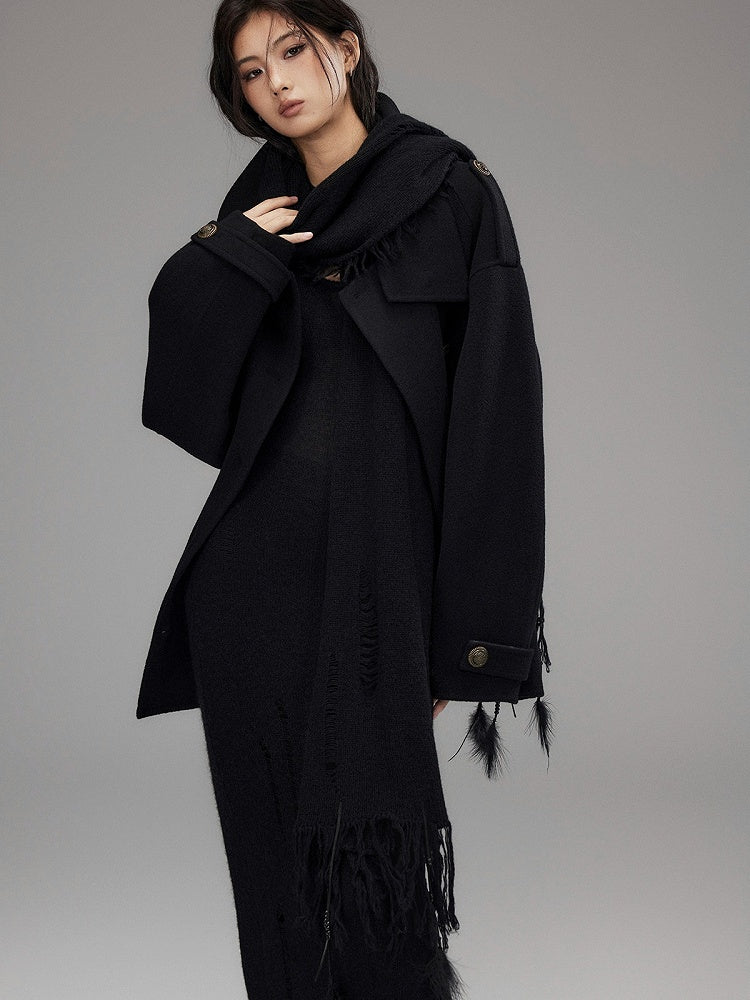 Black Long Distressed Scarf with Fringe - Low pixel