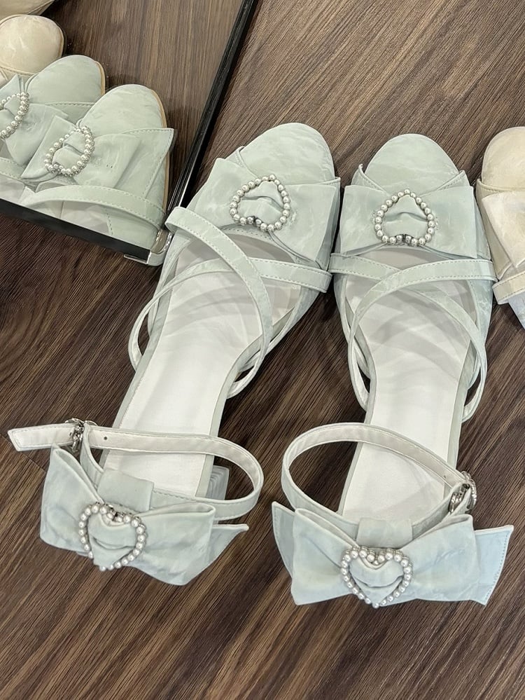 Accents Green Beaded Crisscross Sandals Heel High with Straps Bow - Sweet Lolita Heart Block