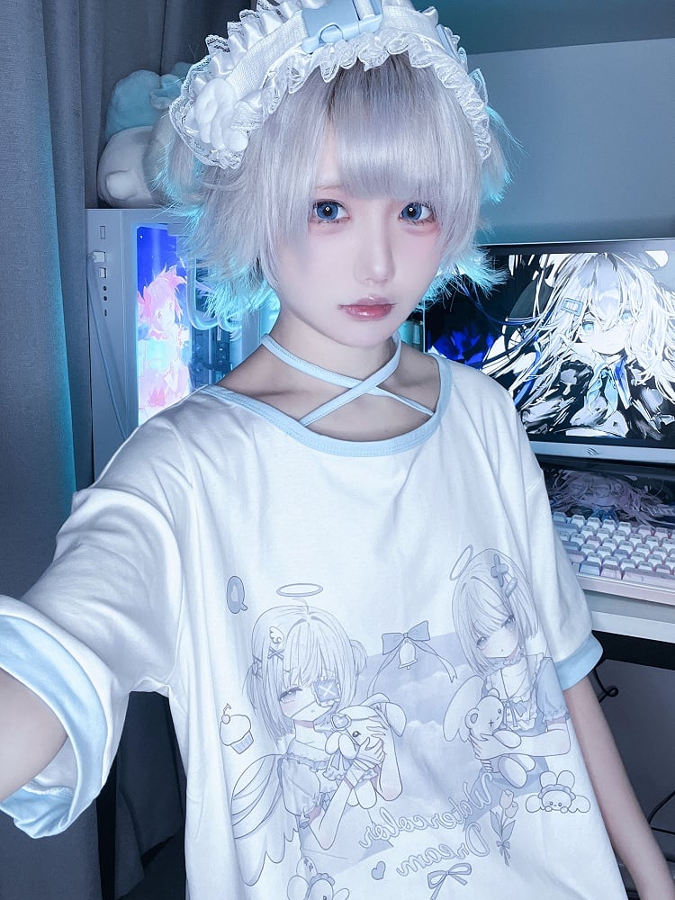 Neck Kawaii T-Shirt Yandere Angel Kei Top Light Blue Print Halter Style Jirai - Yami