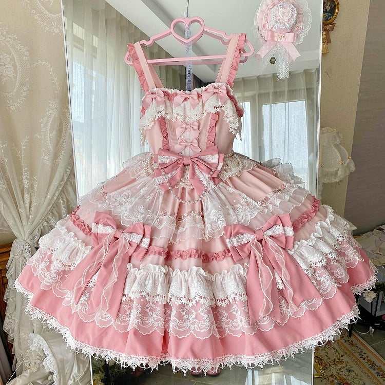 Lolita Abnehmbare Perlenschleifen Rosa Kleid und Süße Rock Details Tiered