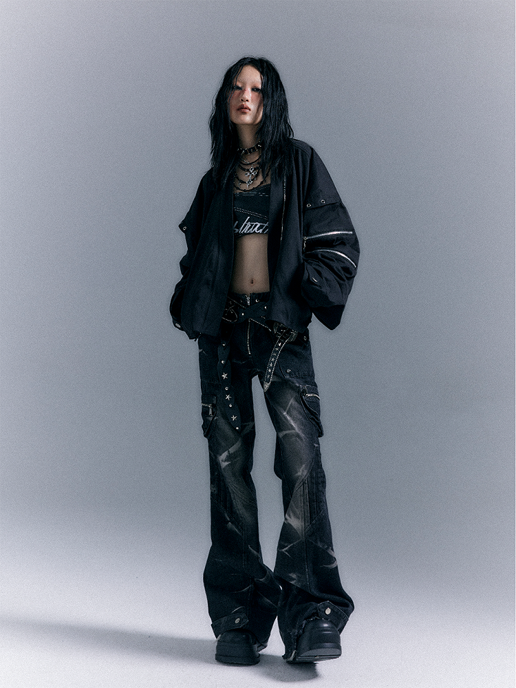 Black Design Punk Zip - Jacket Asymmetrical Closure
