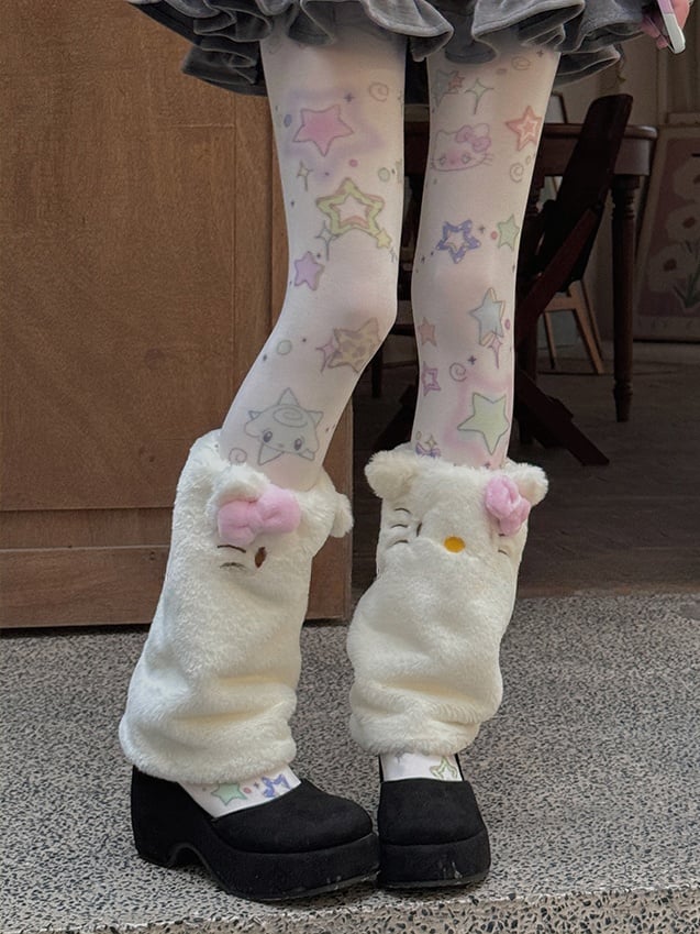 白いかわいい子猫のぬいぐるみレッグウォーマー