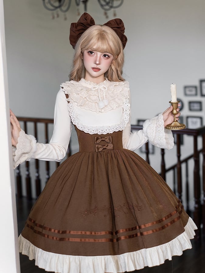 Bust Hat Bow Knit + JSK Detachable Violin Top Lolita Beige Embroidery Under Brown Classic