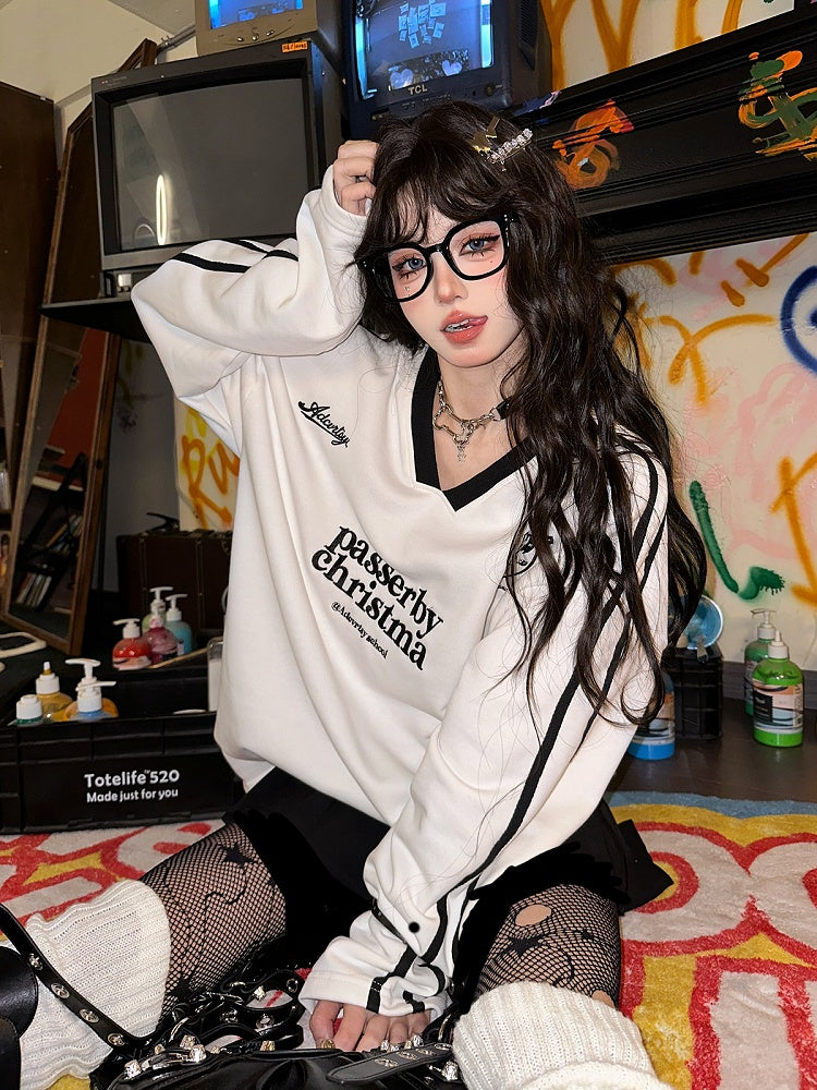 Sleeves White V-Neck Long Sleeve Preppy Top with Lettering Print and Striped