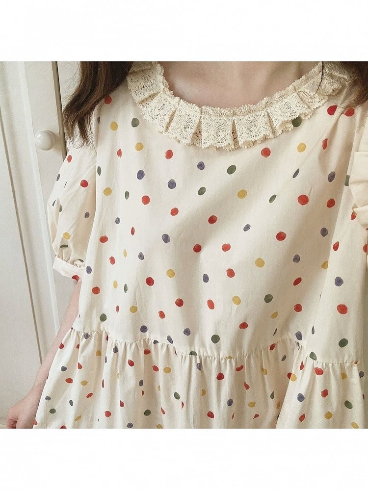 Beige Lace Trim Short Sleeve Dress with Colorful Polka Dot Print - Mori Doll