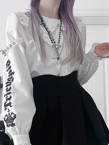 Buchstabe Peter Details Weiße Schnalle Emo Kragen Punk Bluse Print Pan