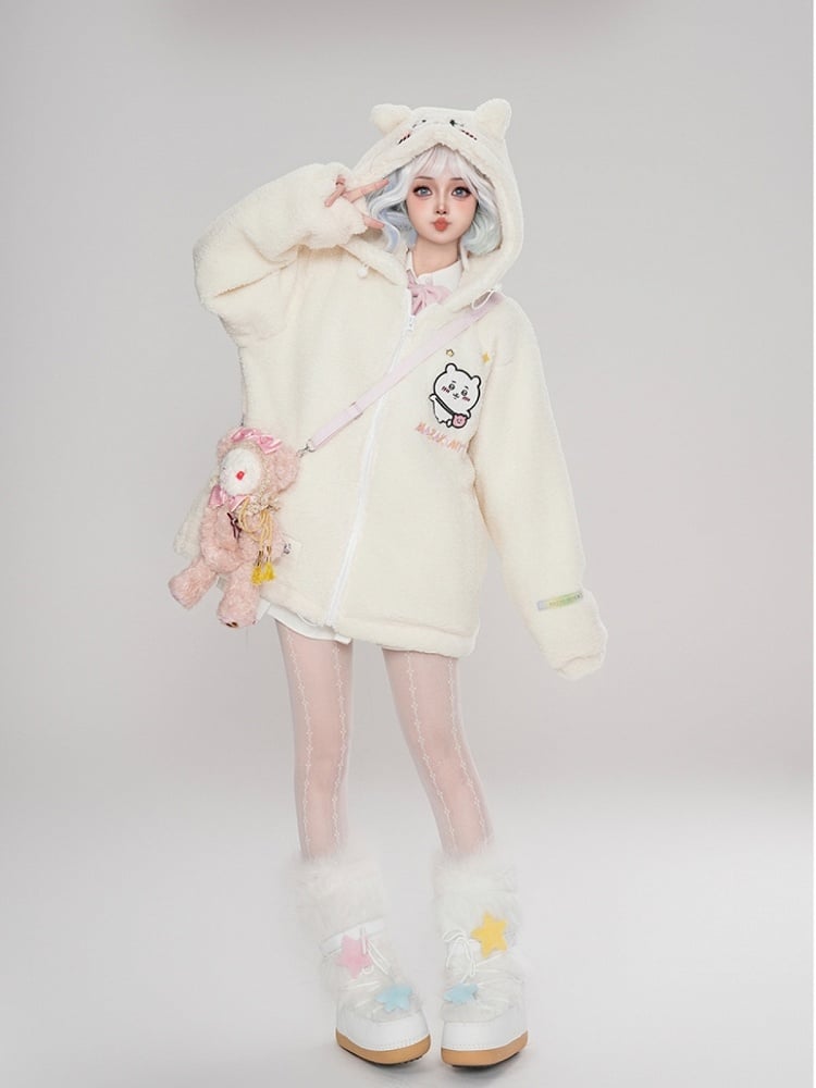 Fleece Cartoon White Hamster Coat Ears Hooded Print With