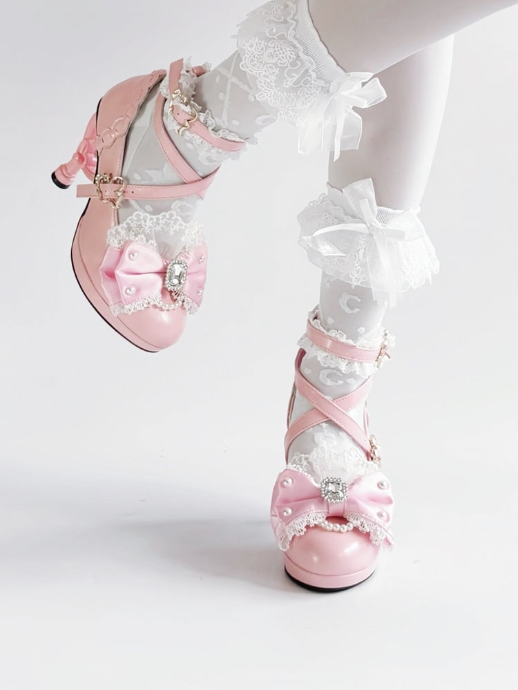 High Lolita Bow Lace Pink Heels Hime Trim Crystal Bead - with
