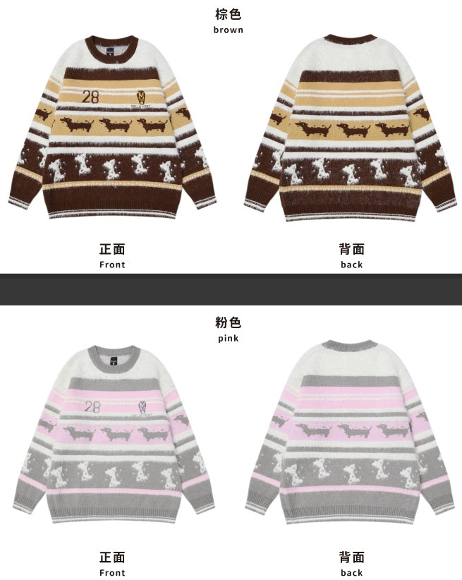 Camel and Brown Cute Dachshundsand Bones Round Neck Striped Sweater