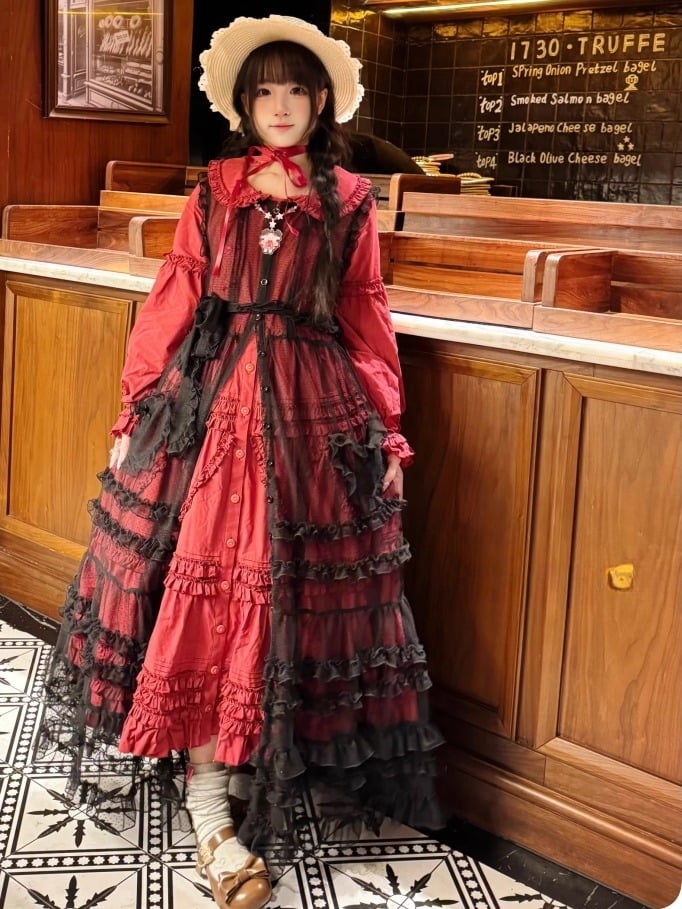 Polka-dot Hood Bunny Ruffled Overdress Black Ear Lolita with Pattern