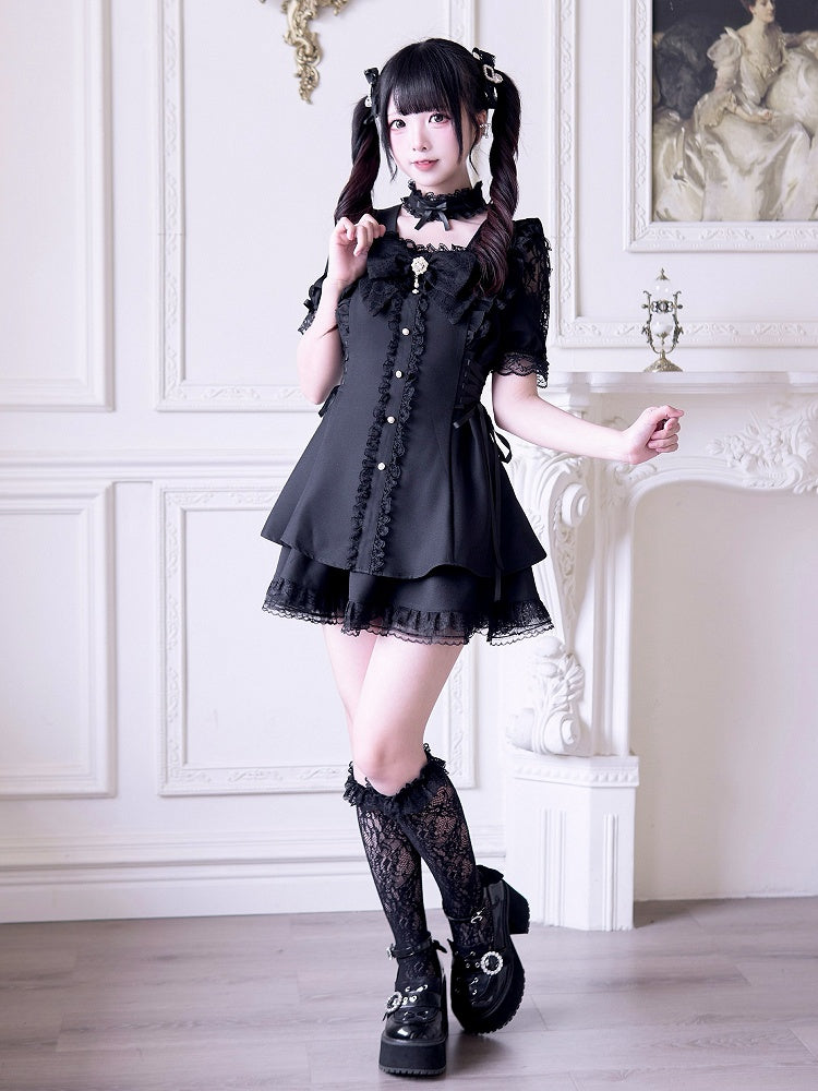 Jirai Kei Black Set: Cutout Shoulder Mini Dress with Lace-up Side Details and Skirt