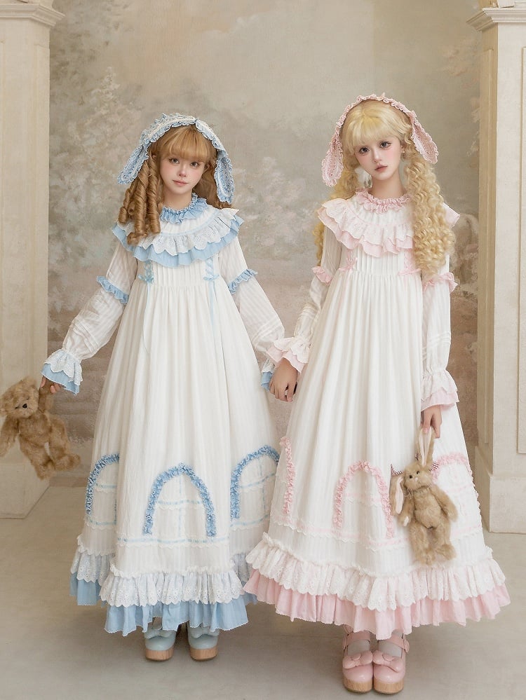 Blue Lolita White Ruffle Dress with Long Sweet Sash Sleeves and Details